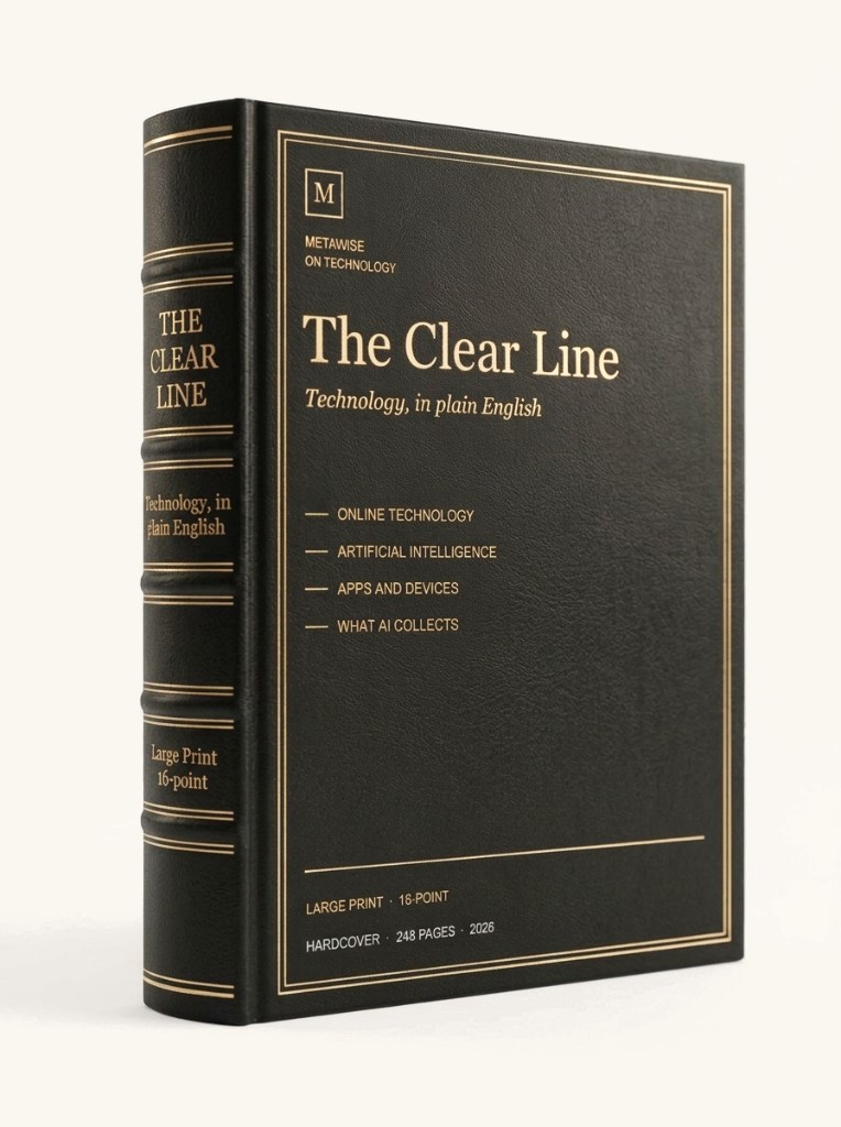 Hardcover of The Clear Line, on online technology, artificial intelligence, apps and devices, and what AI collects