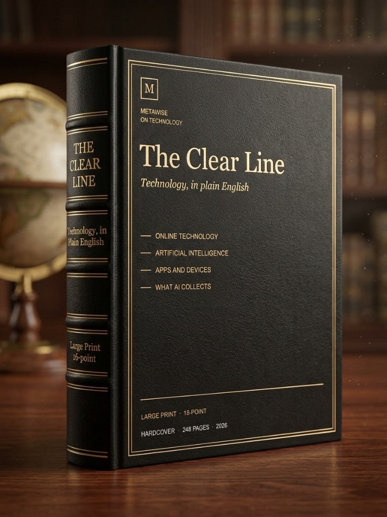 Hardcover of The Clear Line, on online technology, artificial intelligence, apps and devices, and what AI collects