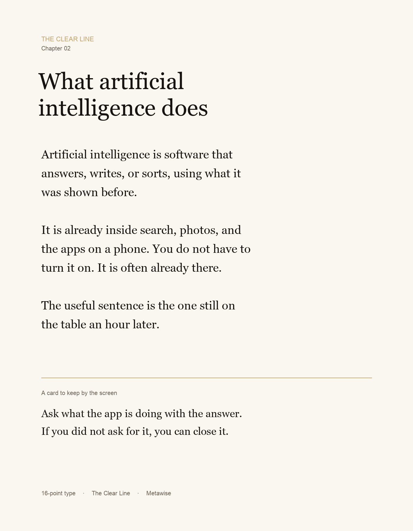 Sample page from The Clear Line, chapter two, on what artificial intelligence does, set in large 16-point type